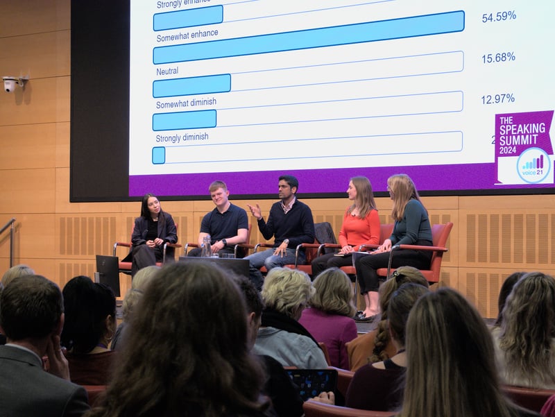 An image showing a panel of speakers at the Voice 21 Speaking Summit 2024 in London. 