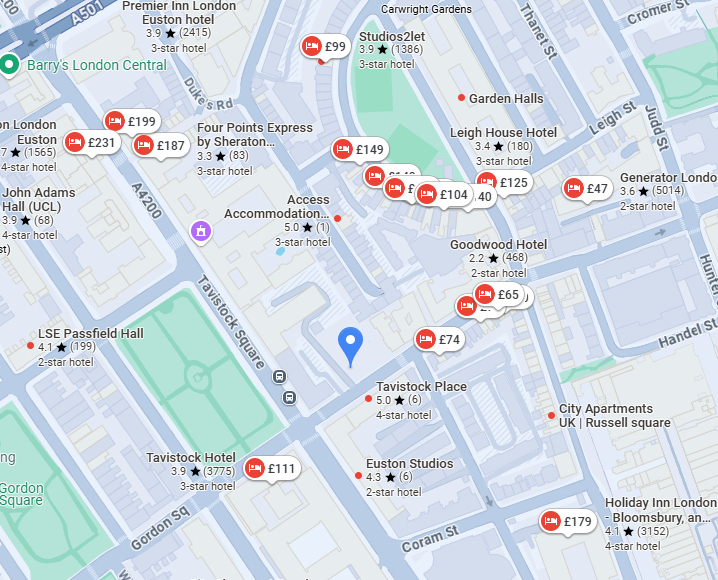 An image showing locations of nearby hotels for the Voice 21 Speaking Summit